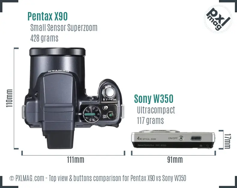 Pentax X90 vs Sony W350 top view buttons comparison