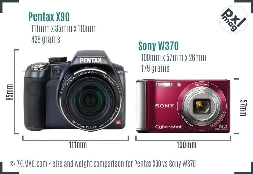 Pentax X90 vs Sony W370 size comparison