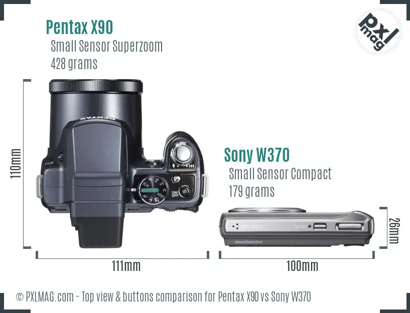 Pentax X90 vs Sony W370 top view buttons comparison
