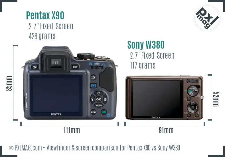 Pentax X90 vs Sony W380 Screen and Viewfinder comparison