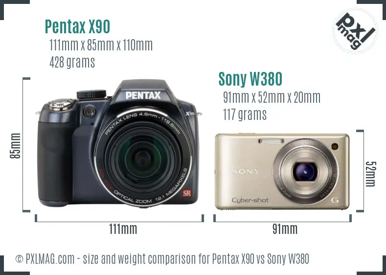 Pentax X90 vs Sony W380 size comparison