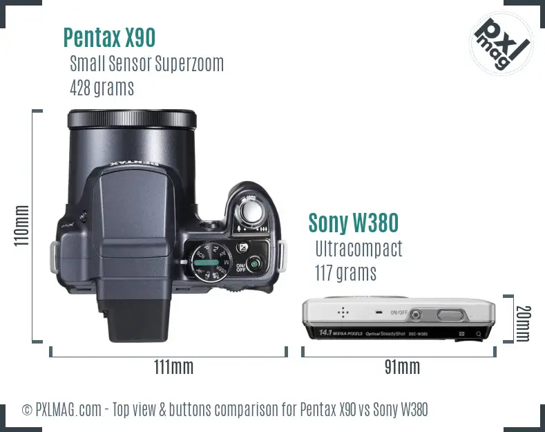 Pentax X90 vs Sony W380 top view buttons comparison