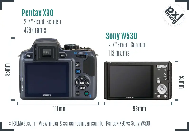 Pentax X90 vs Sony W530 Screen and Viewfinder comparison
