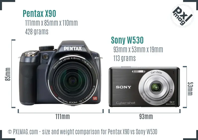 Pentax X90 vs Sony W530 size comparison