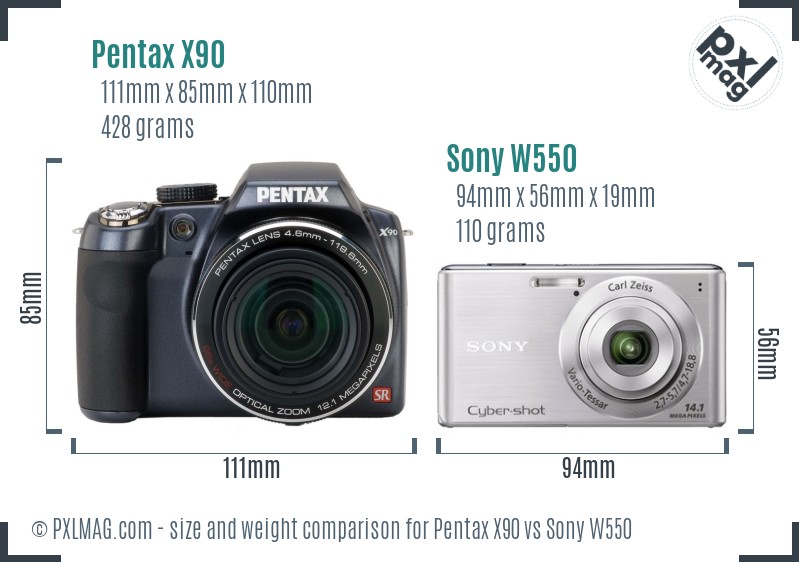 Pentax X90 vs Sony W550 size comparison