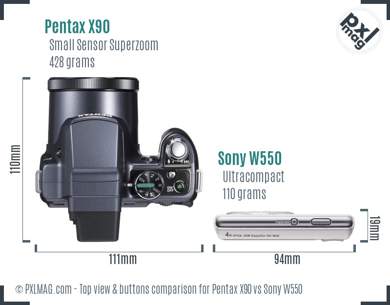 Pentax X90 vs Sony W550 top view buttons comparison