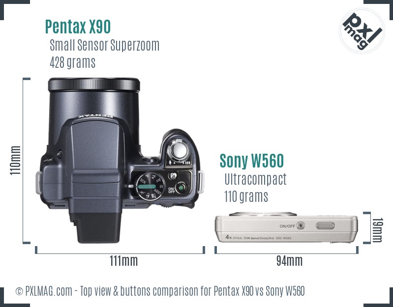 Pentax X90 vs Sony W560 top view buttons comparison