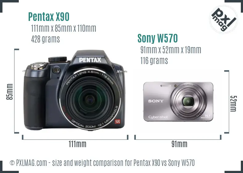 Pentax X90 vs Sony W570 size comparison