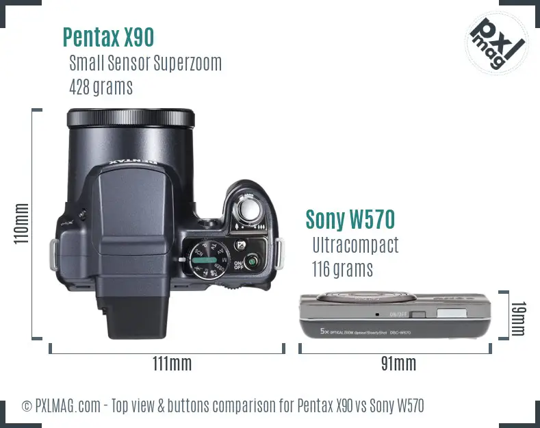 Pentax X90 vs Sony W570 top view buttons comparison