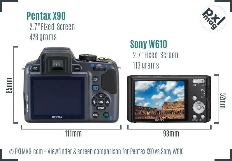 Pentax X90 vs Sony W610 Screen and Viewfinder comparison