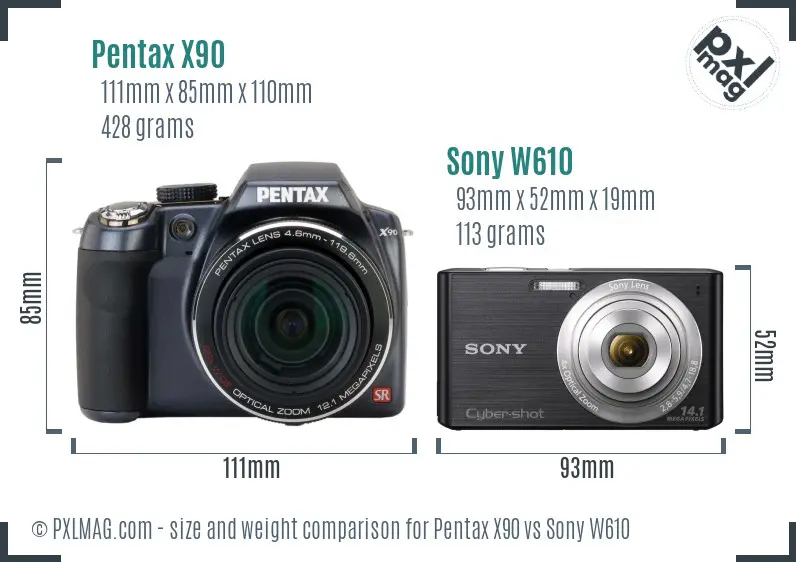 Pentax X90 vs Sony W610 size comparison
