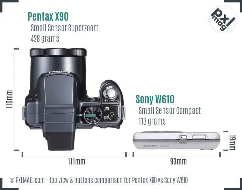 Pentax X90 vs Sony W610 top view buttons comparison