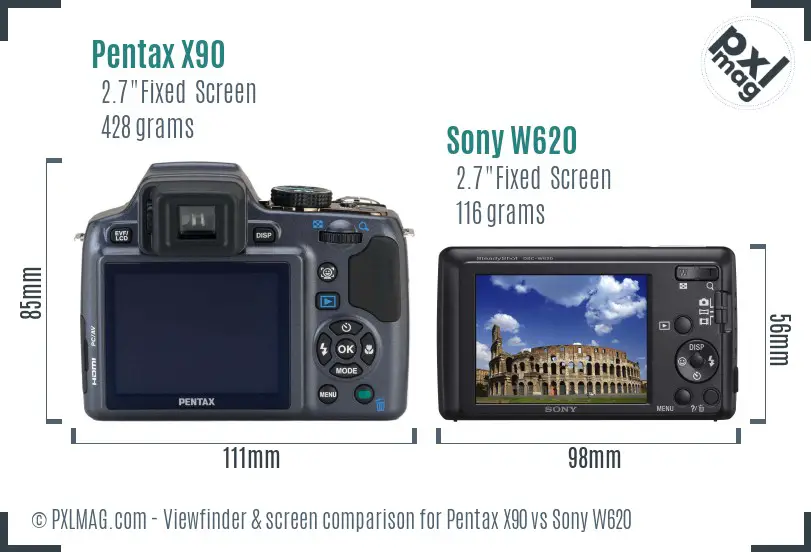 Pentax X90 vs Sony W620 Screen and Viewfinder comparison