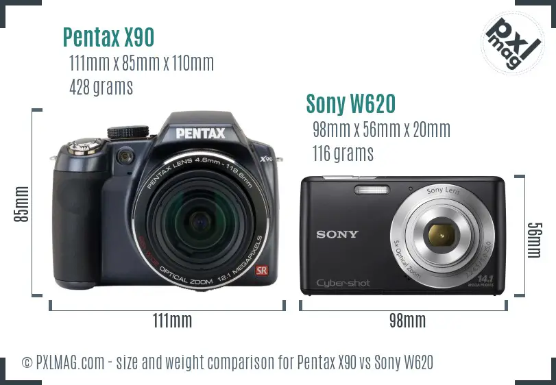 Pentax X90 vs Sony W620 size comparison