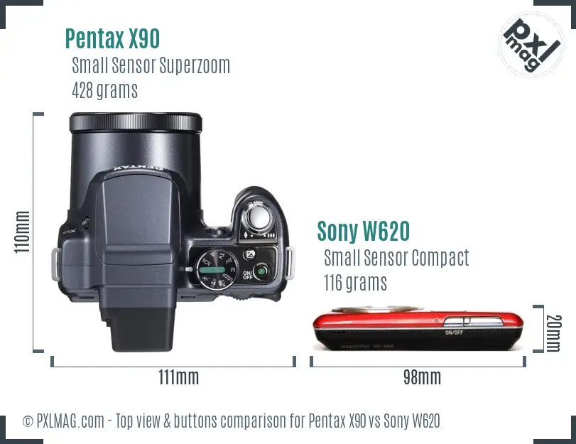 Pentax X90 vs Sony W620 top view buttons comparison