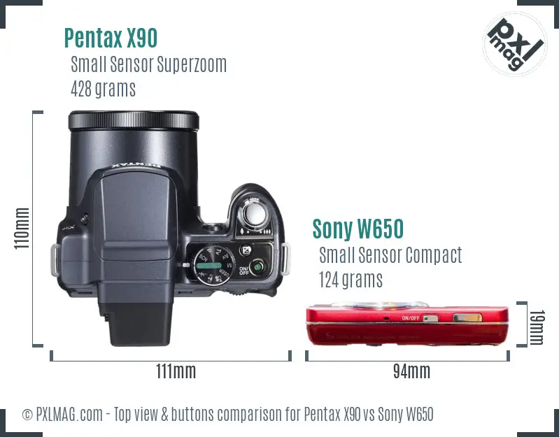 Pentax X90 vs Sony W650 top view buttons comparison