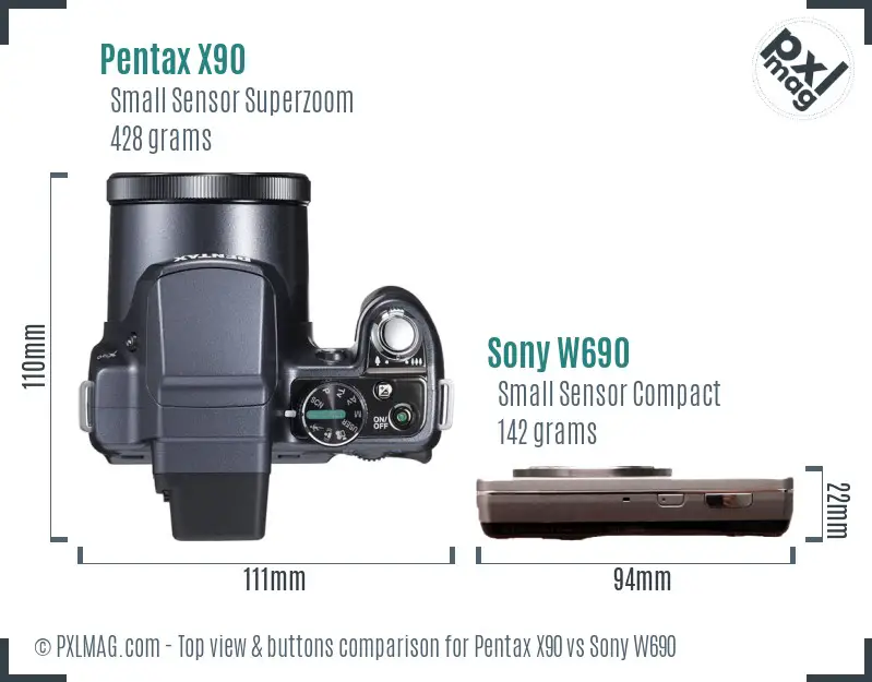 Pentax X90 vs Sony W690 top view buttons comparison