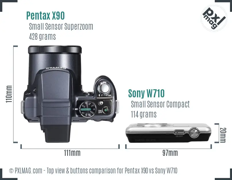 Pentax X90 vs Sony W710 top view buttons comparison