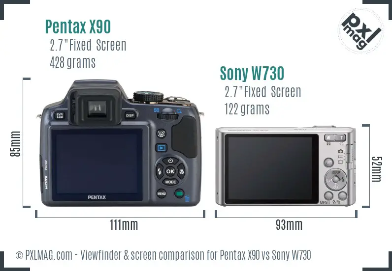 Pentax X90 vs Sony W730 Screen and Viewfinder comparison