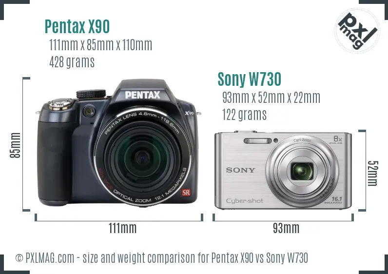 Pentax X90 vs Sony W730 size comparison