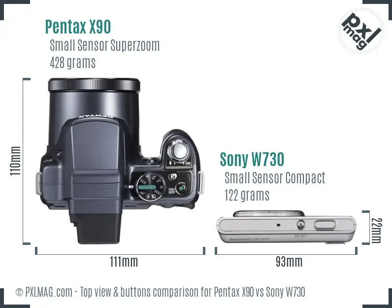 Pentax X90 vs Sony W730 top view buttons comparison