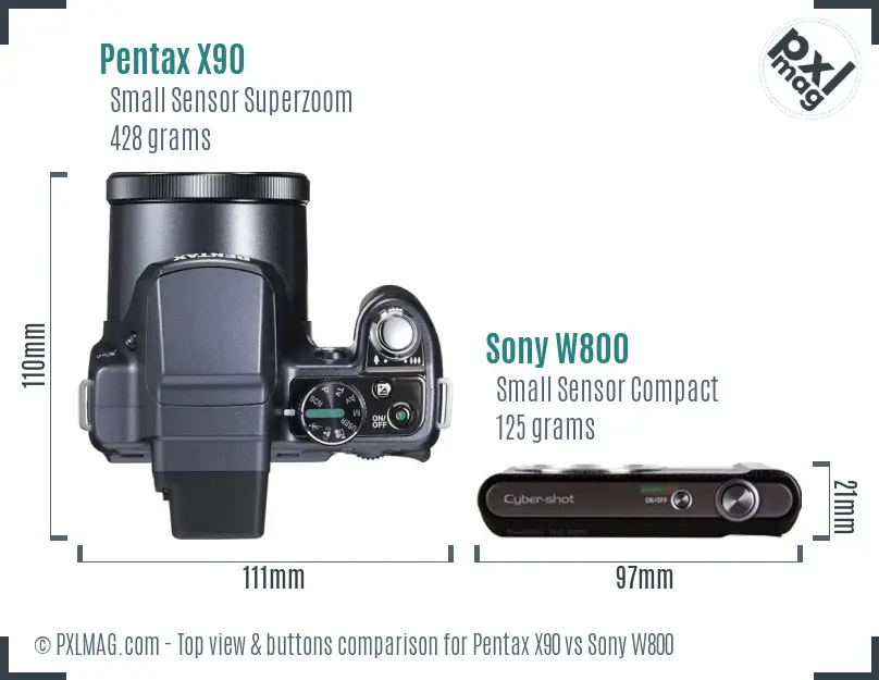 Pentax X90 vs Sony W800 top view buttons comparison