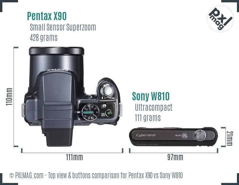 Pentax X90 vs Sony W810 top view buttons comparison