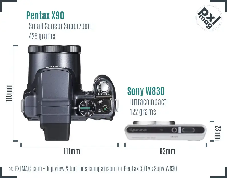 Pentax X90 vs Sony W830 top view buttons comparison