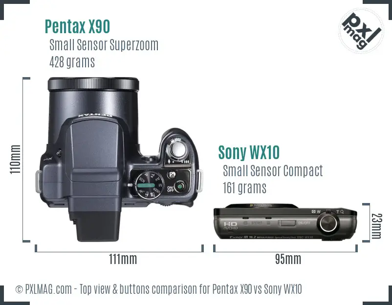 Pentax X90 vs Sony WX10 top view buttons comparison