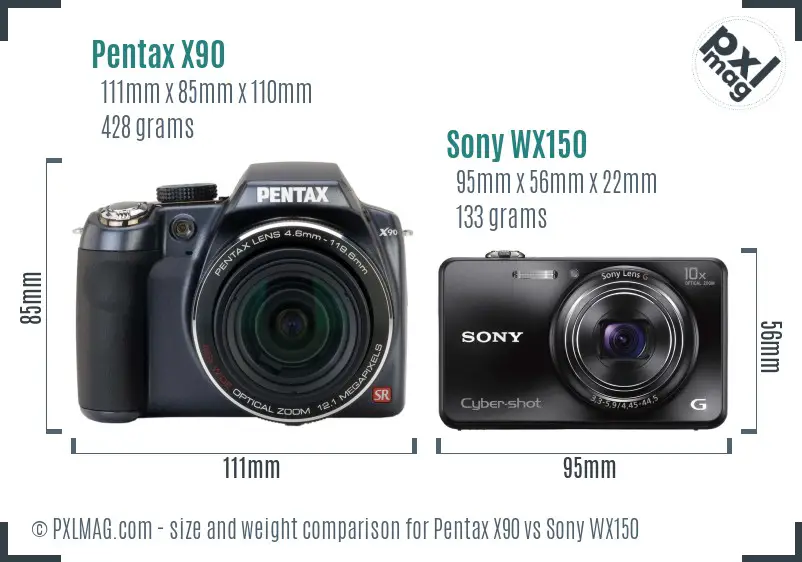 Pentax X90 vs Sony WX150 size comparison