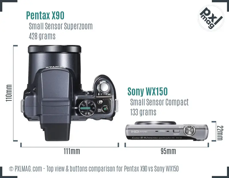 Pentax X90 vs Sony WX150 top view buttons comparison