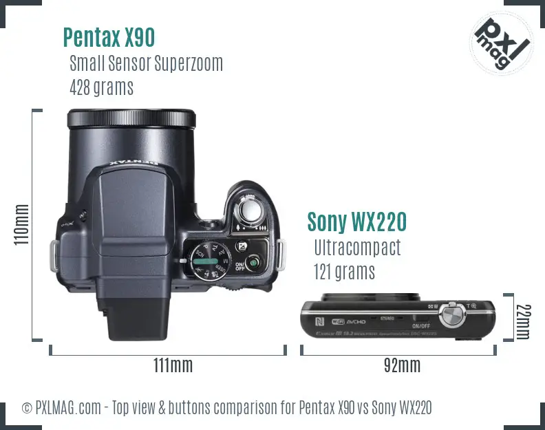 Pentax X90 vs Sony WX220 top view buttons comparison