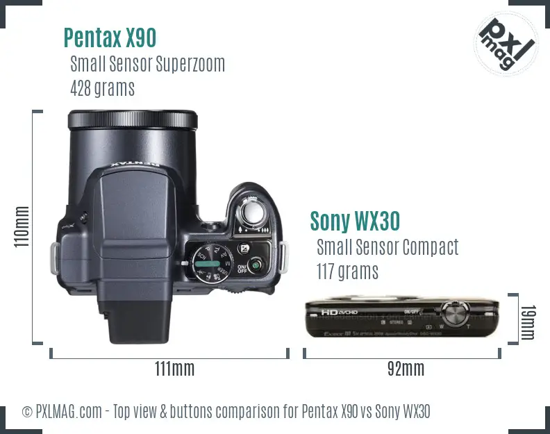 Pentax X90 vs Sony WX30 top view buttons comparison