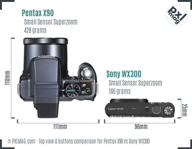 Pentax X90 vs Sony WX300 top view buttons comparison