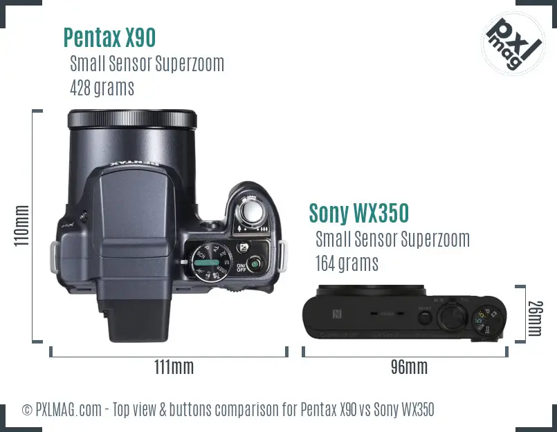 Pentax X90 vs Sony WX350 top view buttons comparison