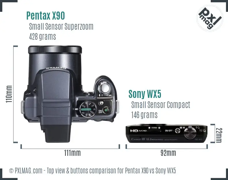 Pentax X90 vs Sony WX5 top view buttons comparison