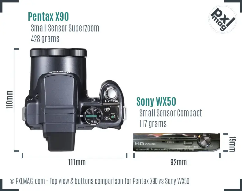 Pentax X90 vs Sony WX50 top view buttons comparison