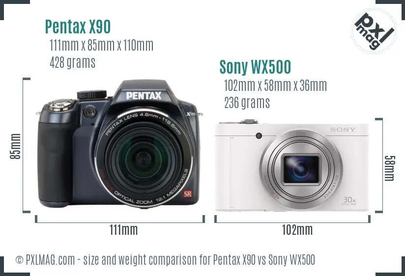 Pentax X90 vs Sony WX500 size comparison