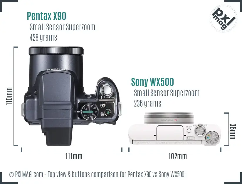 Pentax X90 vs Sony WX500 top view buttons comparison