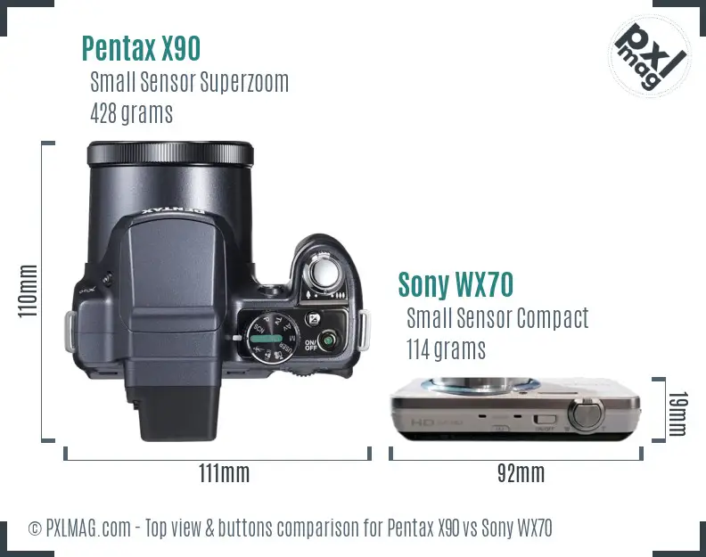 Pentax X90 vs Sony WX70 top view buttons comparison