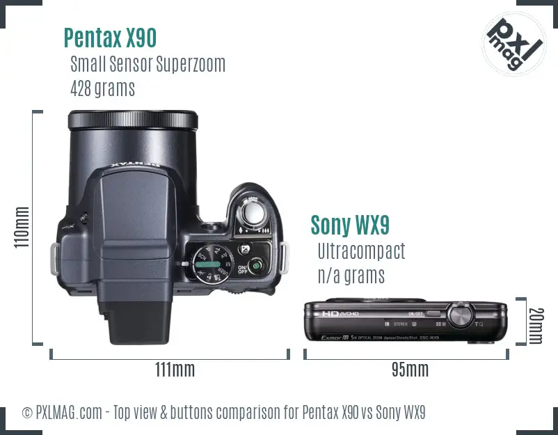 Pentax X90 vs Sony WX9 top view buttons comparison