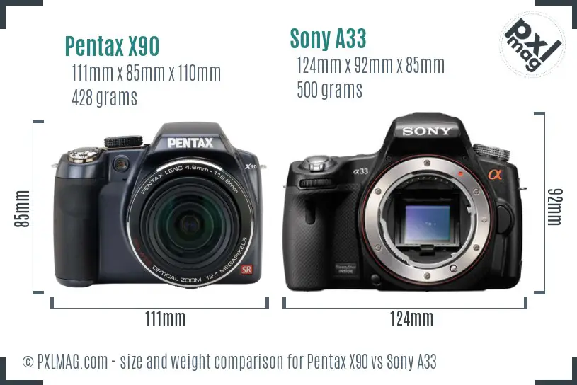 Pentax X90 vs Sony A33 size comparison