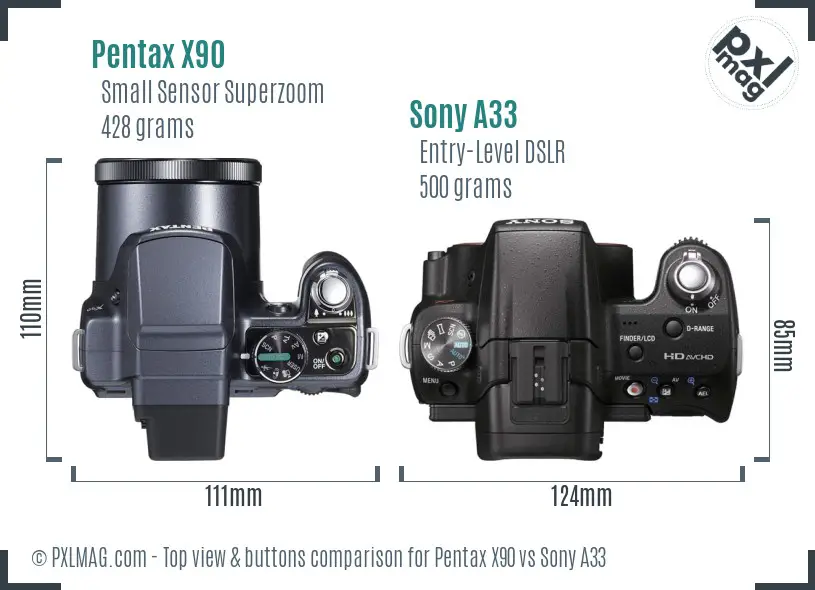 Pentax X90 vs Sony A33 top view buttons comparison