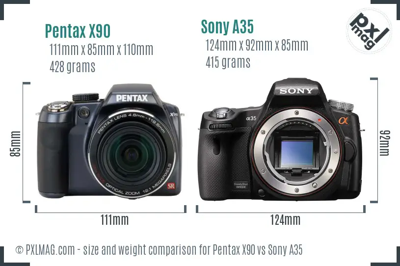 Pentax X90 vs Sony A35 size comparison