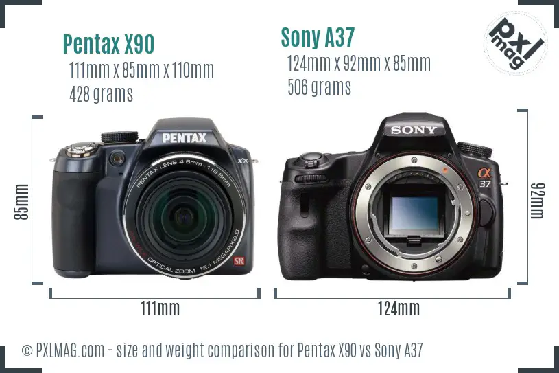 Pentax X90 vs Sony A37 size comparison