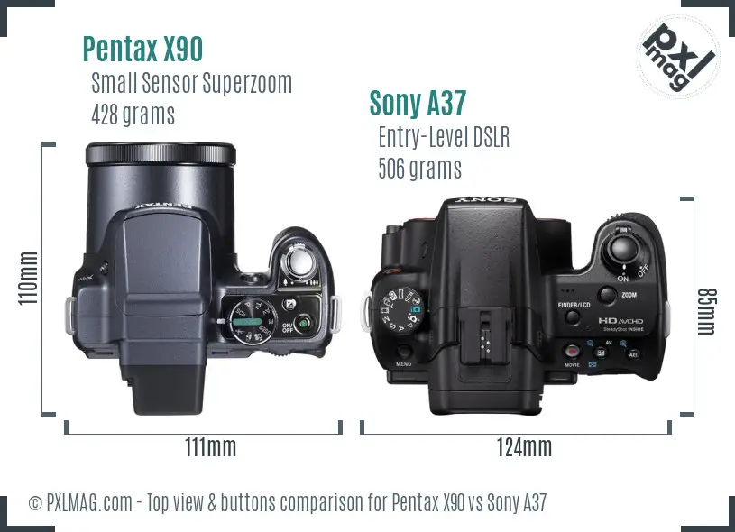 Pentax X90 vs Sony A37 top view buttons comparison