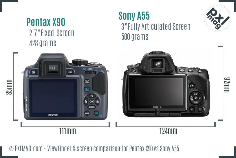Pentax X90 vs Sony A55 Screen and Viewfinder comparison