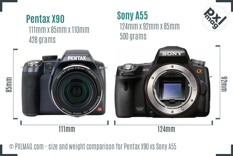 Pentax X90 vs Sony A55 size comparison
