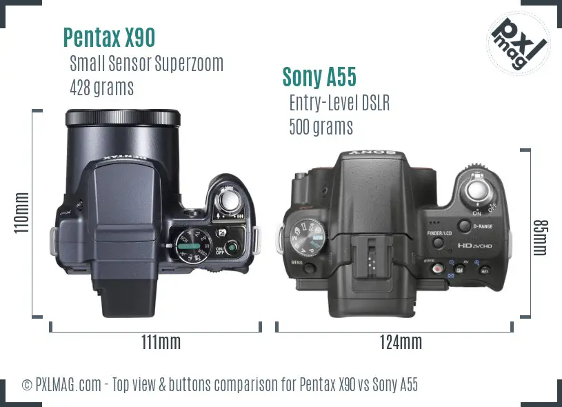 Pentax X90 vs Sony A55 top view buttons comparison