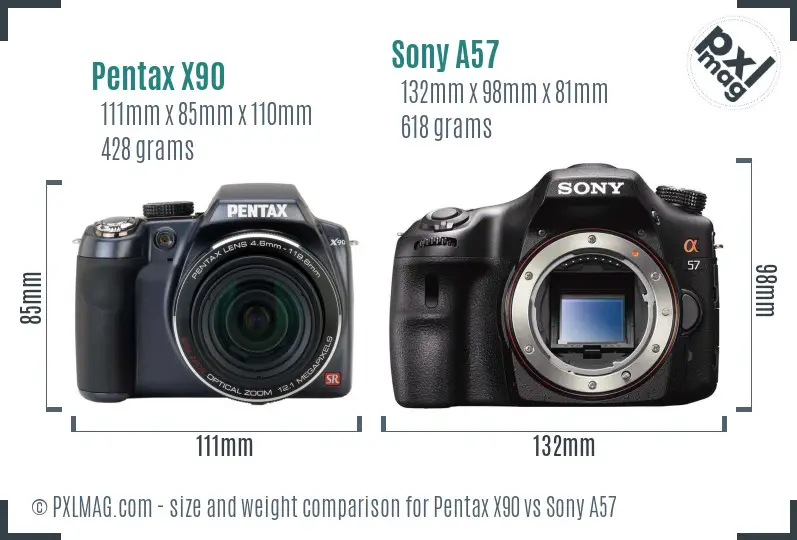 Pentax X90 vs Sony A57 size comparison